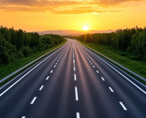 Strassenmarkierung auf mehrspuriger Autobahn bei Sonnenuntergang – klare Linien zur Verkehrslenkung
