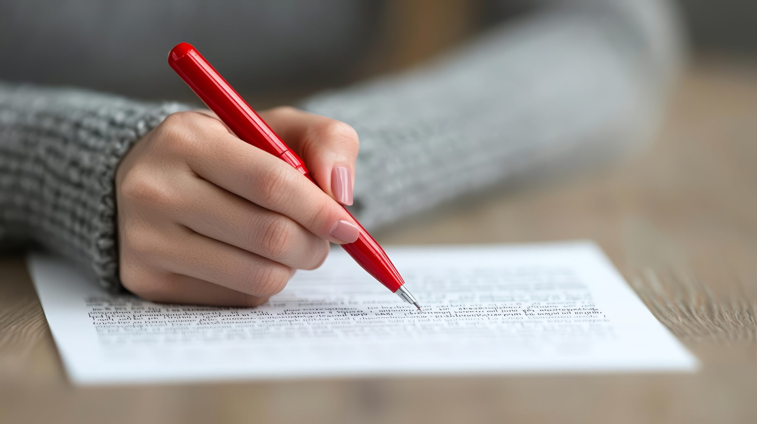 Hand mit rotem Stift korrigiert einen gedruckten Text – Symbol für die detaillierte Arbeit im Buch Lektorat.