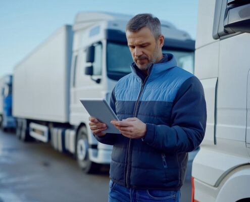 Mann mit Tablet vor Lkw – Anwendung digitaler Lkw Telematik im mobilen Flottenmanagement