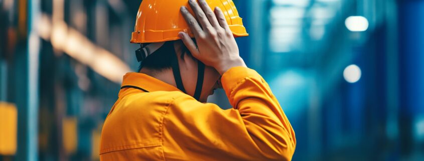 Industriearbeiter hält sich die Ohren zu | Schallschutzkabine