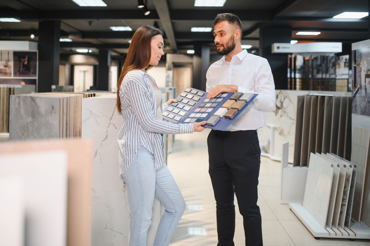 Duschrückwand-Materialien im Showroom, Mann und Frau betrachten Designmuster im Fachhandel