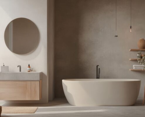 Duschrückwand im minimalistischen Badezimmer mit Naturholz, freistehender Wanne und dekorativen Elementen im Scandi-Stil