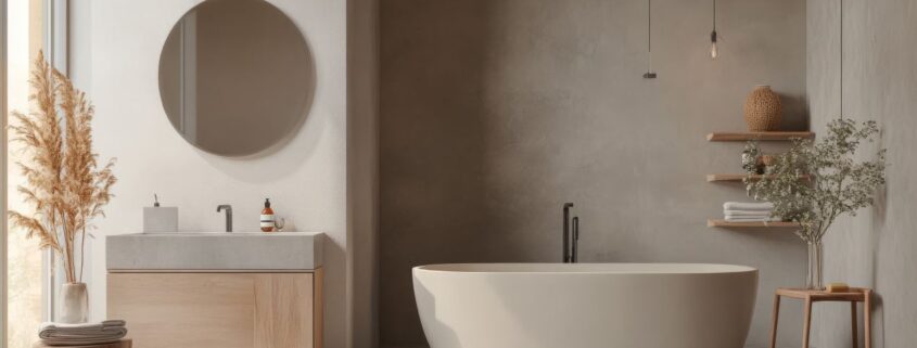 Duschrückwand im minimalistischen Badezimmer mit Naturholz, freistehender Wanne und dekorativen Elementen im Scandi-Stil