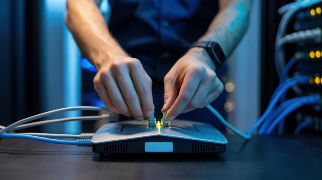 Zwei Haende stecken Multimode-Netzwerkkabel in ein Geraet – Verbindung optischer Module im laufenden Betrieb