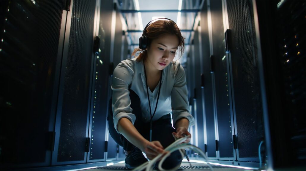 Frau installiert Multimode-Glasfaserkabel in einem modernen Rechenzentrum – Einsatz optischer Module im IT-Alltag