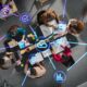 Team arbeitet gemeinsam an digitalen Projekten, vernetzt durch ein APS System mit Symbolen fuer Kommunikation und Effizienz