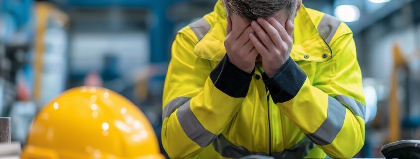 Erschöpfter Arbeiter hält den Kopf in den Händen | Köln Radiologie