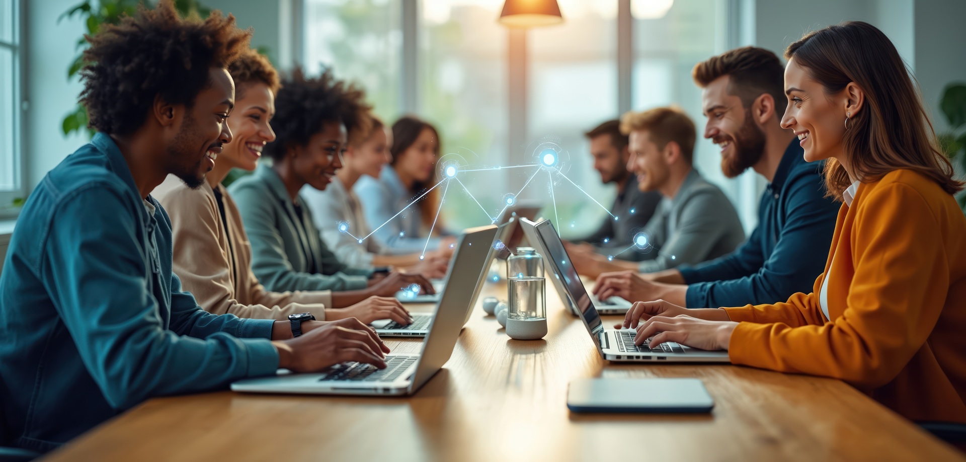 Team arbeitet gemeinsam am langen Tisch | guter Bürostuhl